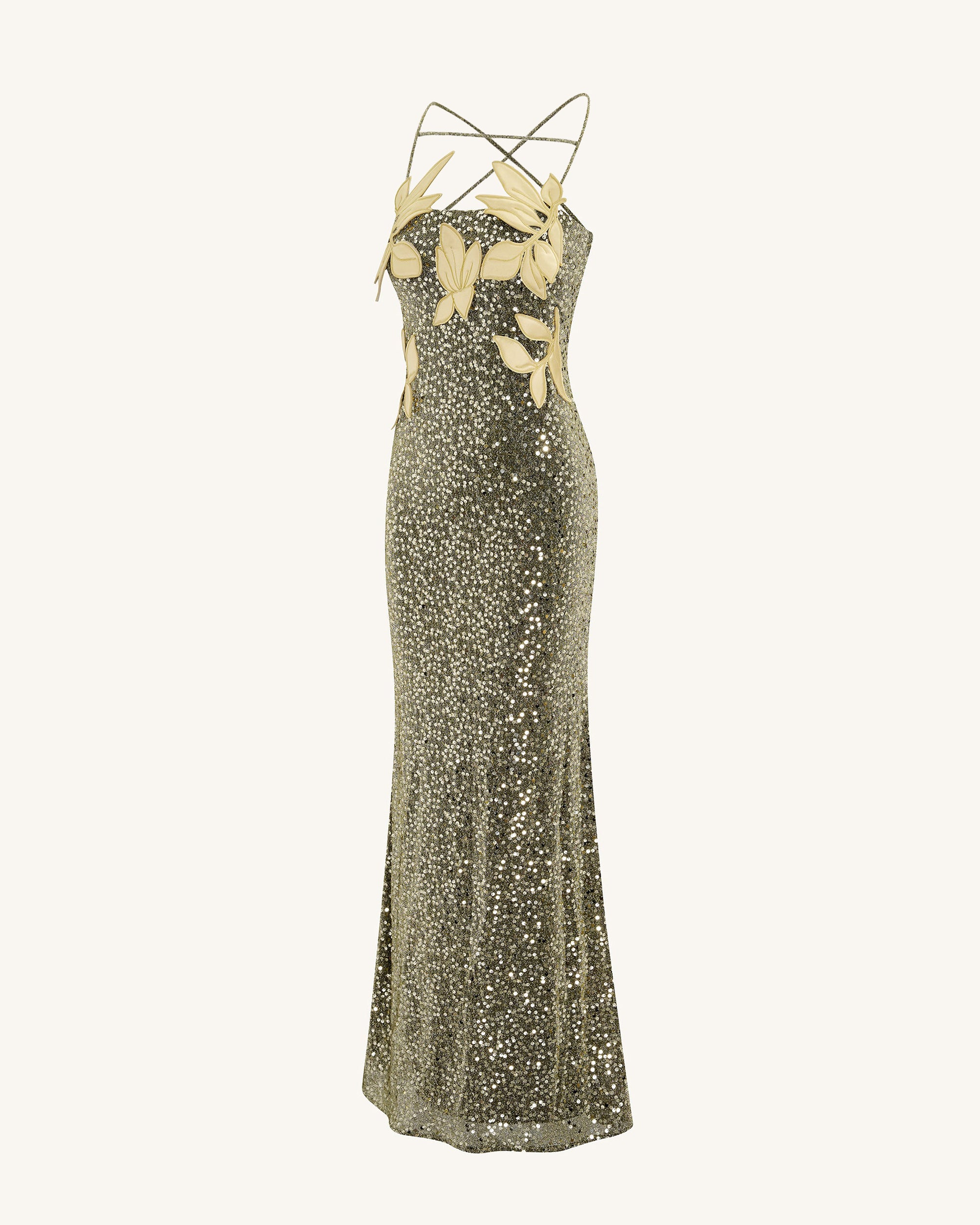 Araminta Sequined Gown with Floral Details - Gold 10 | UK Araminta Sequined Gown with Floral Details - Gold 10 | UK