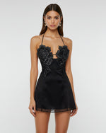 Flower Embroidered Mini Dress - Black