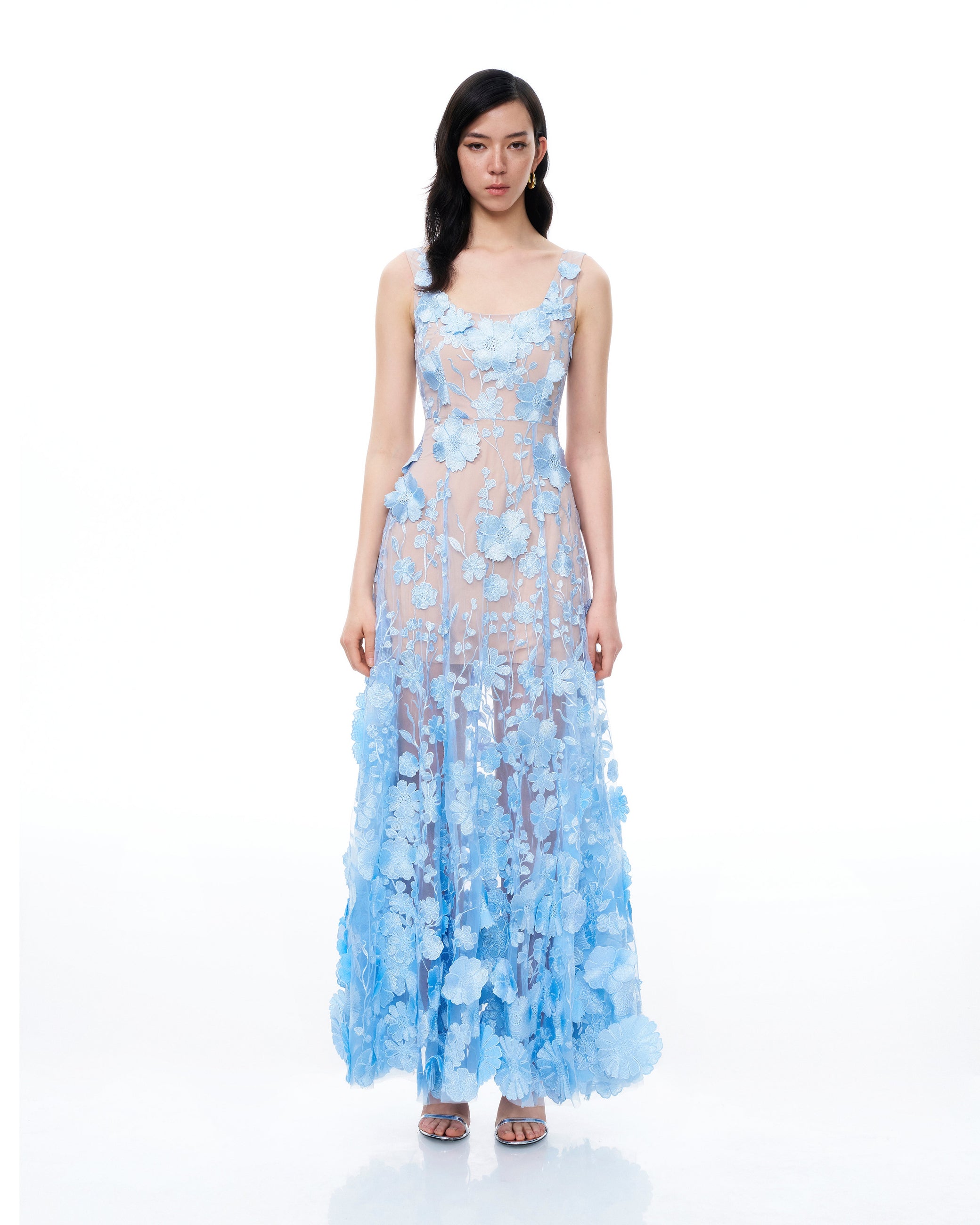 Clementine 3D Floral Embroidered Dress - Blue - JW PEI UK Clementine 3D Floral Embroidered Dress - Blue - JW PEI UK