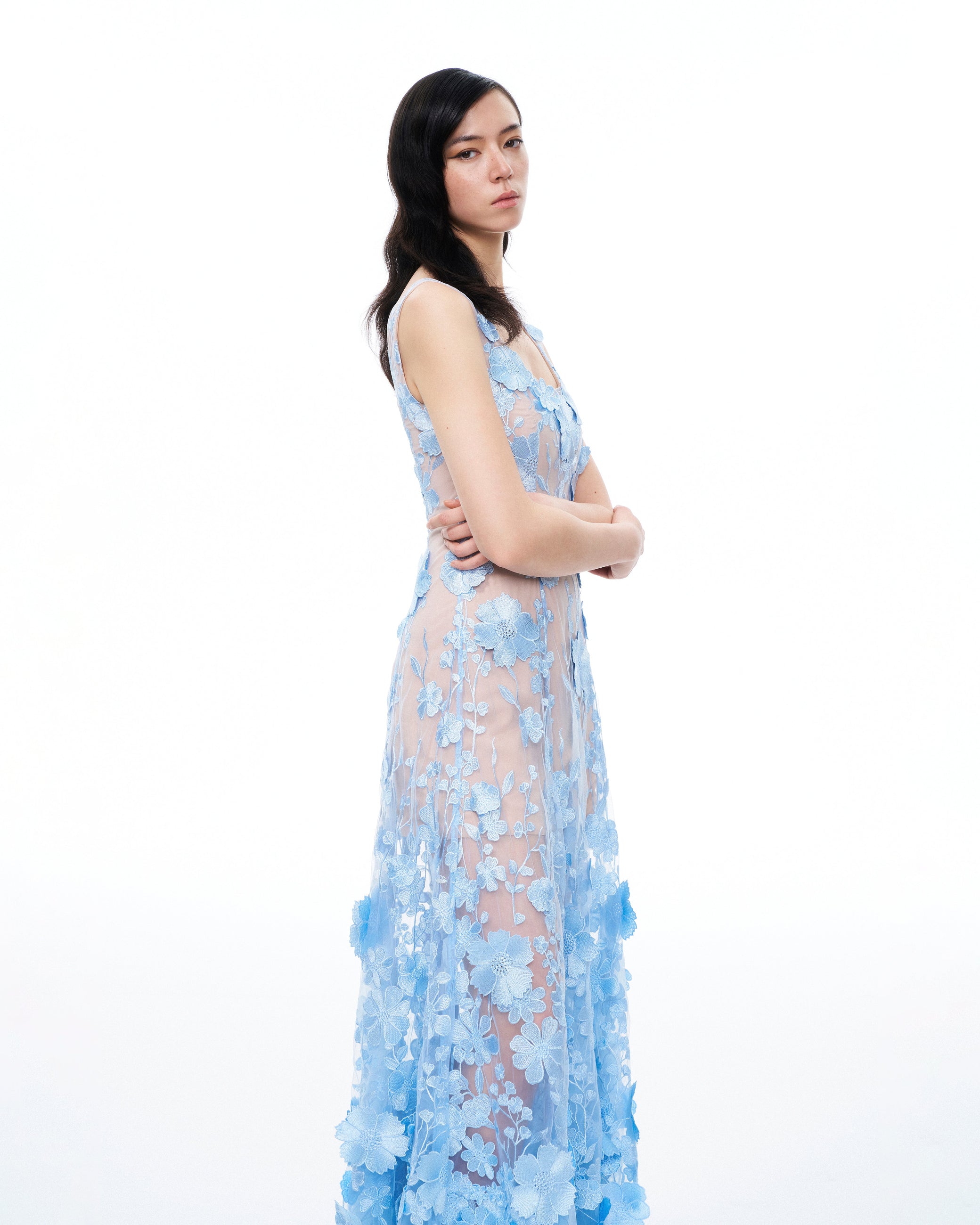 Clementine 3D Floral Embroidered Dress - Blue - JW PEI UK Clementine 3D Floral Embroidered Dress - Blue - JW PEI UK