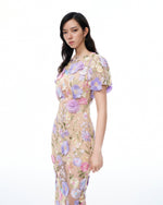 Alaric Round Neck 3D Floral Embroidered Maxi Dress - Pastel Multi