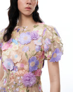 Alaric Round Neck 3D Floral Embroidered Maxi Dress - Pastel Multi