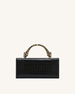 Maya Leopard-Shaped Hardware Handle Top Handle Bag - Black Croc