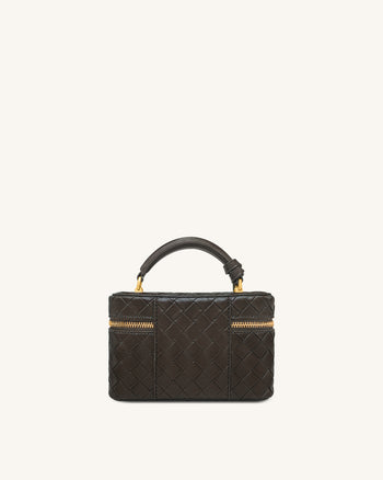 Cleo Woven Texture Box Shape Top Handle Bag - Dark Brown