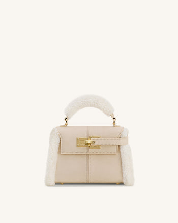 Elise Faux Suede Shearling Trim Top Handle Bag - Taupe