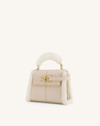 Elise Faux Suede Shearling Trim Top Handle Bag - Taupe