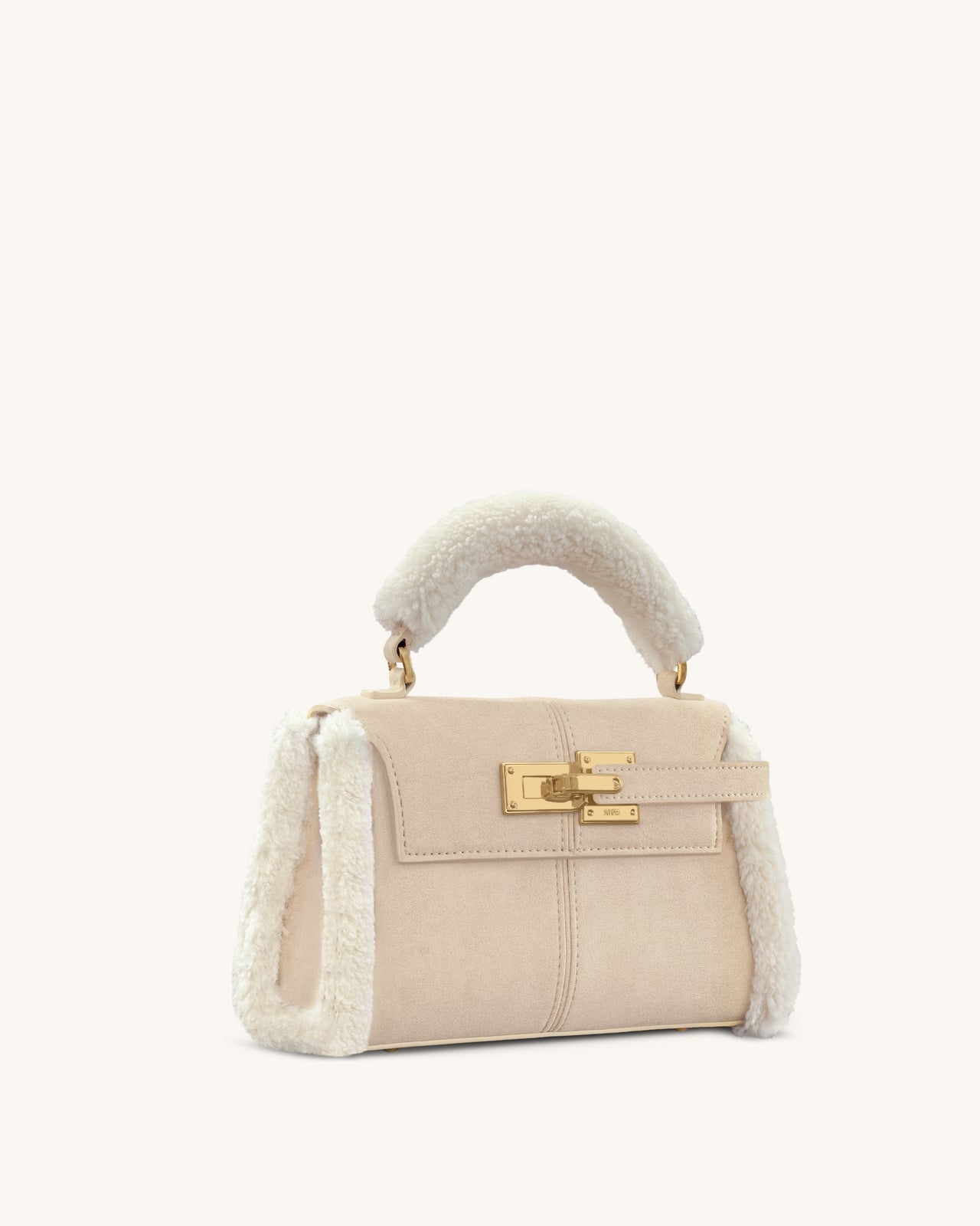 Elise Faux Suede Shearling Trim Top Handle Bag - Taupe