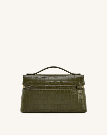 Thea Croc-Embossed Top Handle Bag - Olive Green