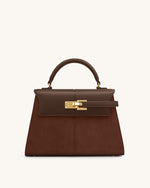 Elise Large Faux Suede Top Handle Bag - Mocha Brown