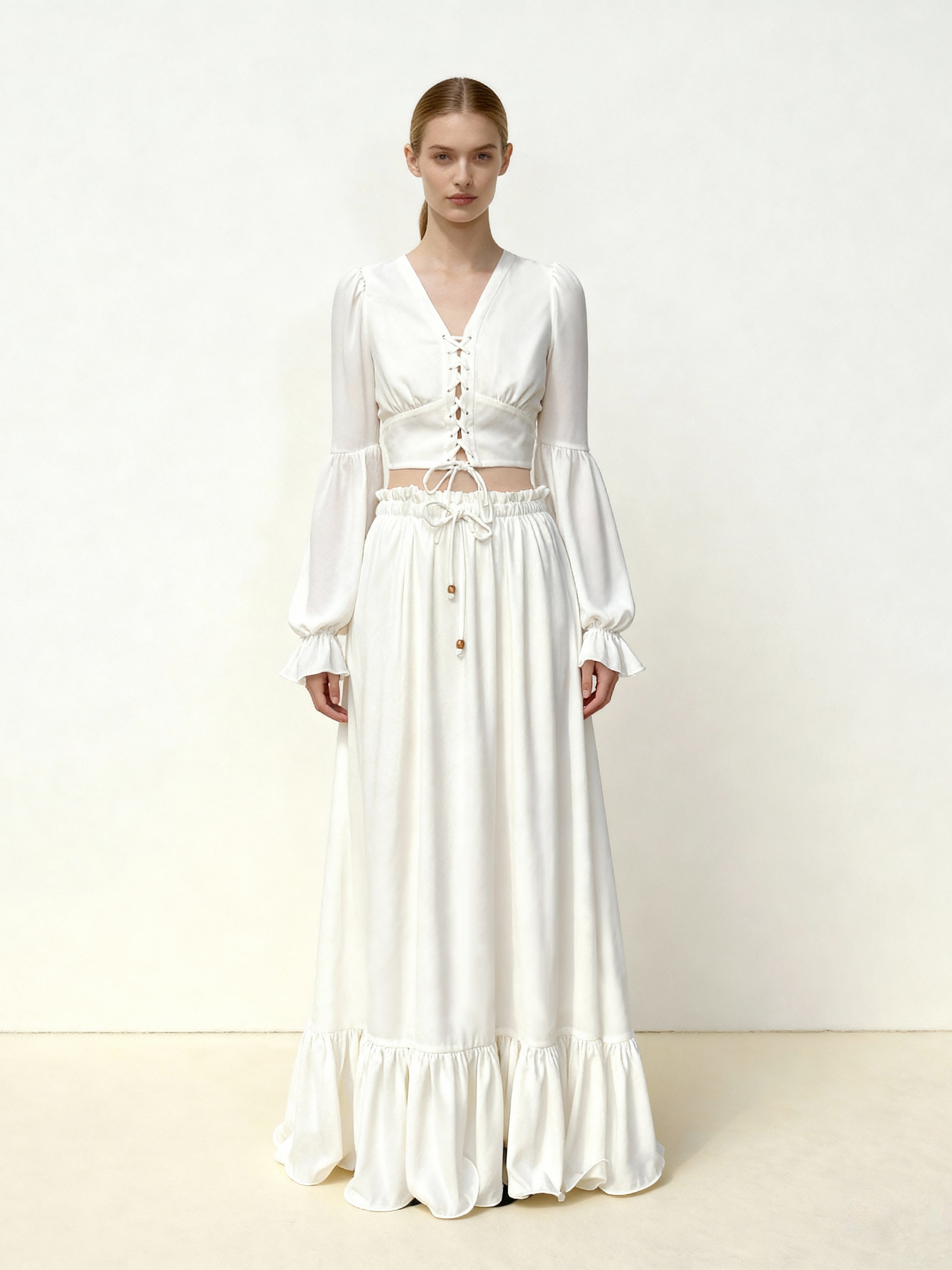 Chiffon Lantern-Sleeve Tie-Front Cropped Blouse - White – JW PEI UK