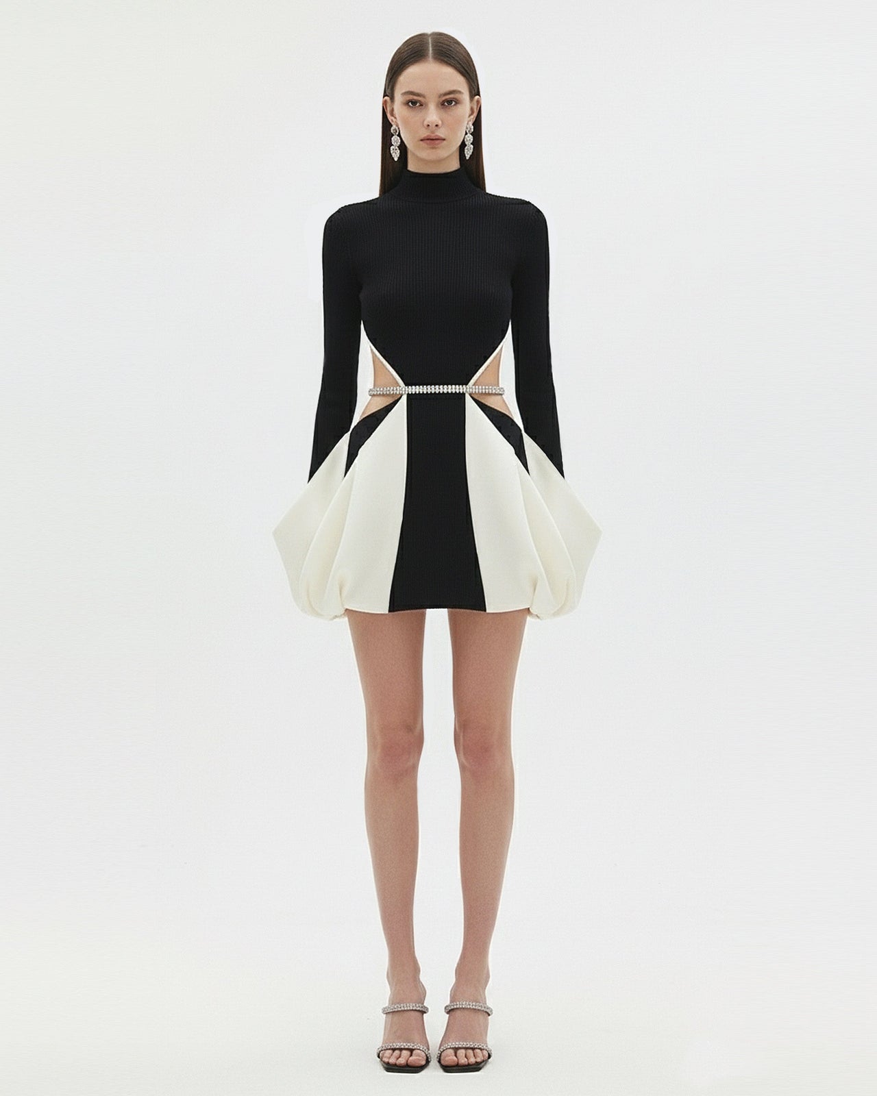 Monochrome Paneled Cutout Mini Dress - Black