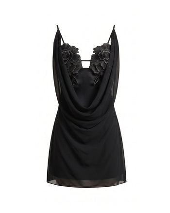 Flower Embroidered Cowl Neck Mini Dress - Black