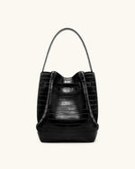 Clara Lock Accent Bucket Shoulder Bag - Black Croc