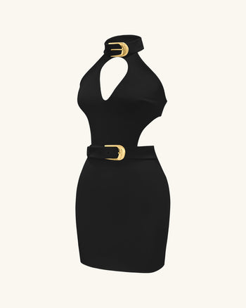 Gabriella Belted Cutout Halter Mini Dress - Black