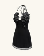 Flower Embroidered Mini Dress - Black