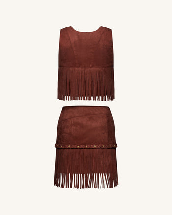 Western-Style Sueded Fringe Skirt - Burgundy