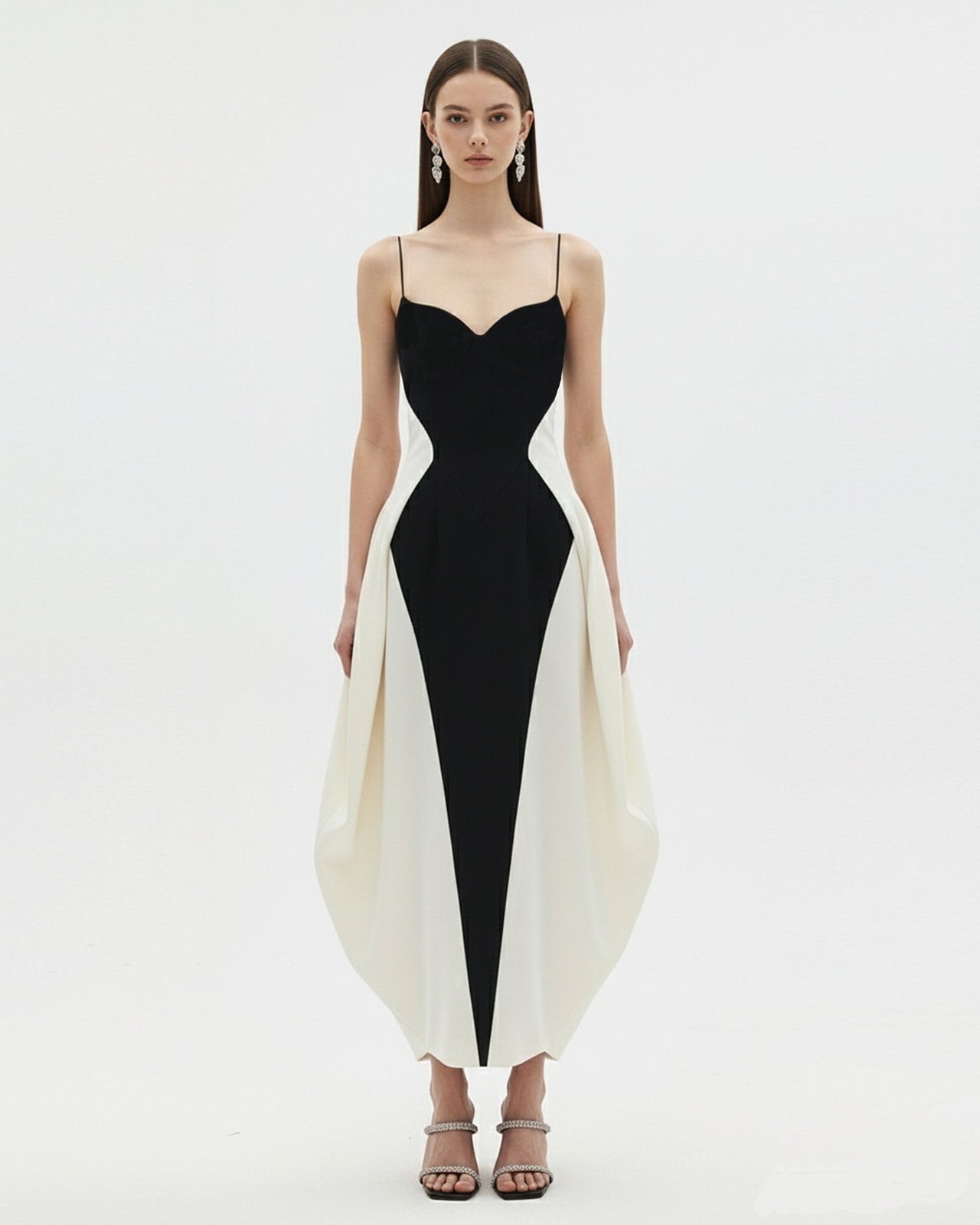 Monochrome Paneled Spaghetti Strap Maxi Dress - Black