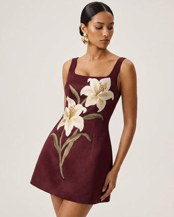 Lily Floral Print Sleeveless A-Line Mini Dress - Burgundy