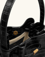 Clara Lock Accent Bucket Shoulder Bag - Black Croc