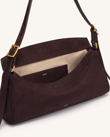 Elowen Faux Suede East-West Shoulder Bag - Dark Brown
