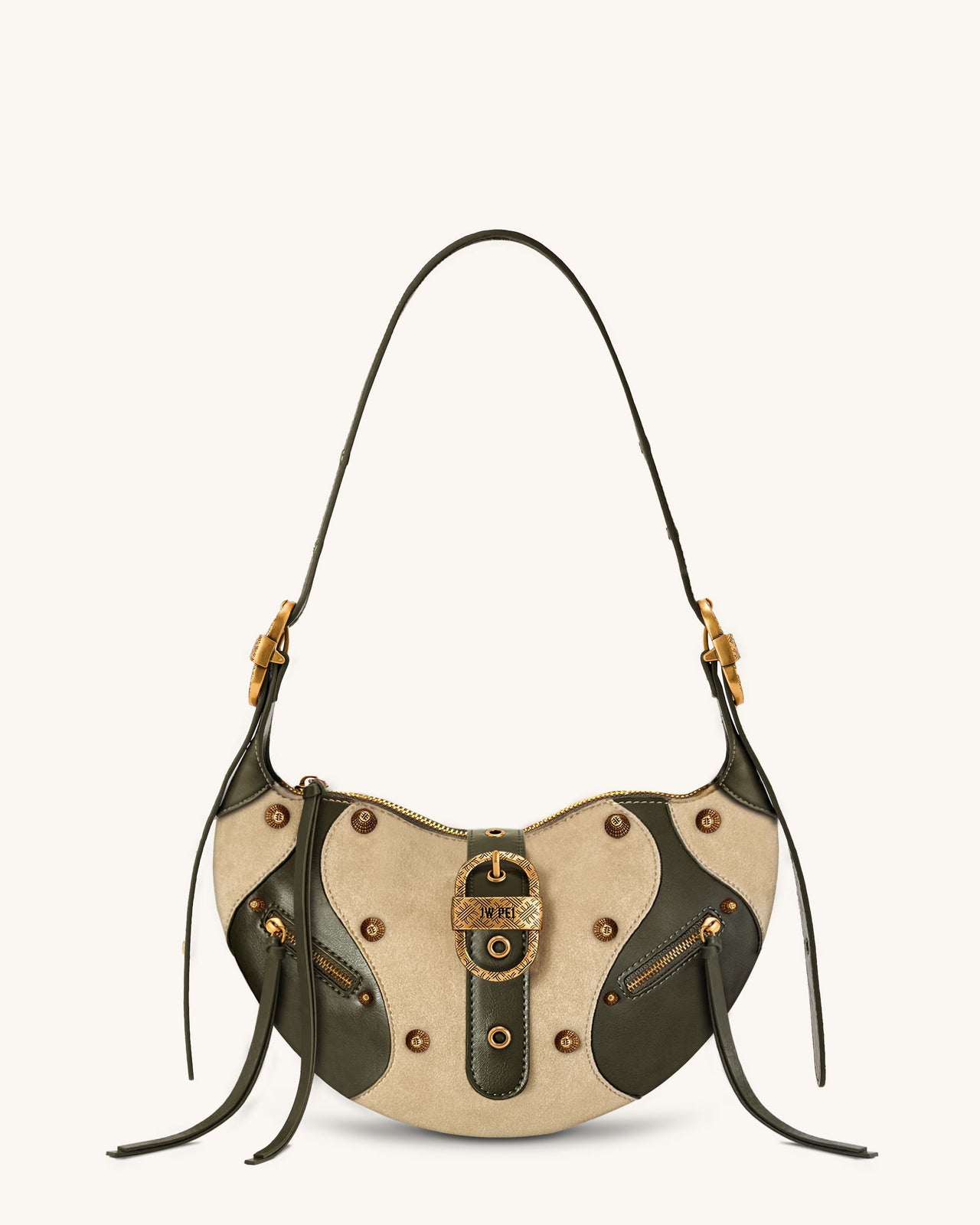 Tessa Faux Suede Studded Shoulder Bag - Khaki Green