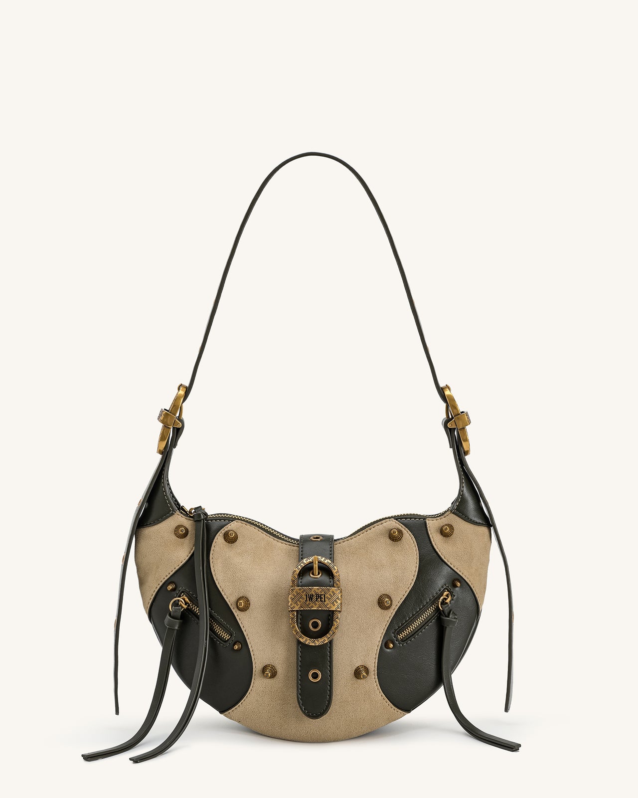 Tessa Faux Suede Studded Shoulder Bag - Khaki Green