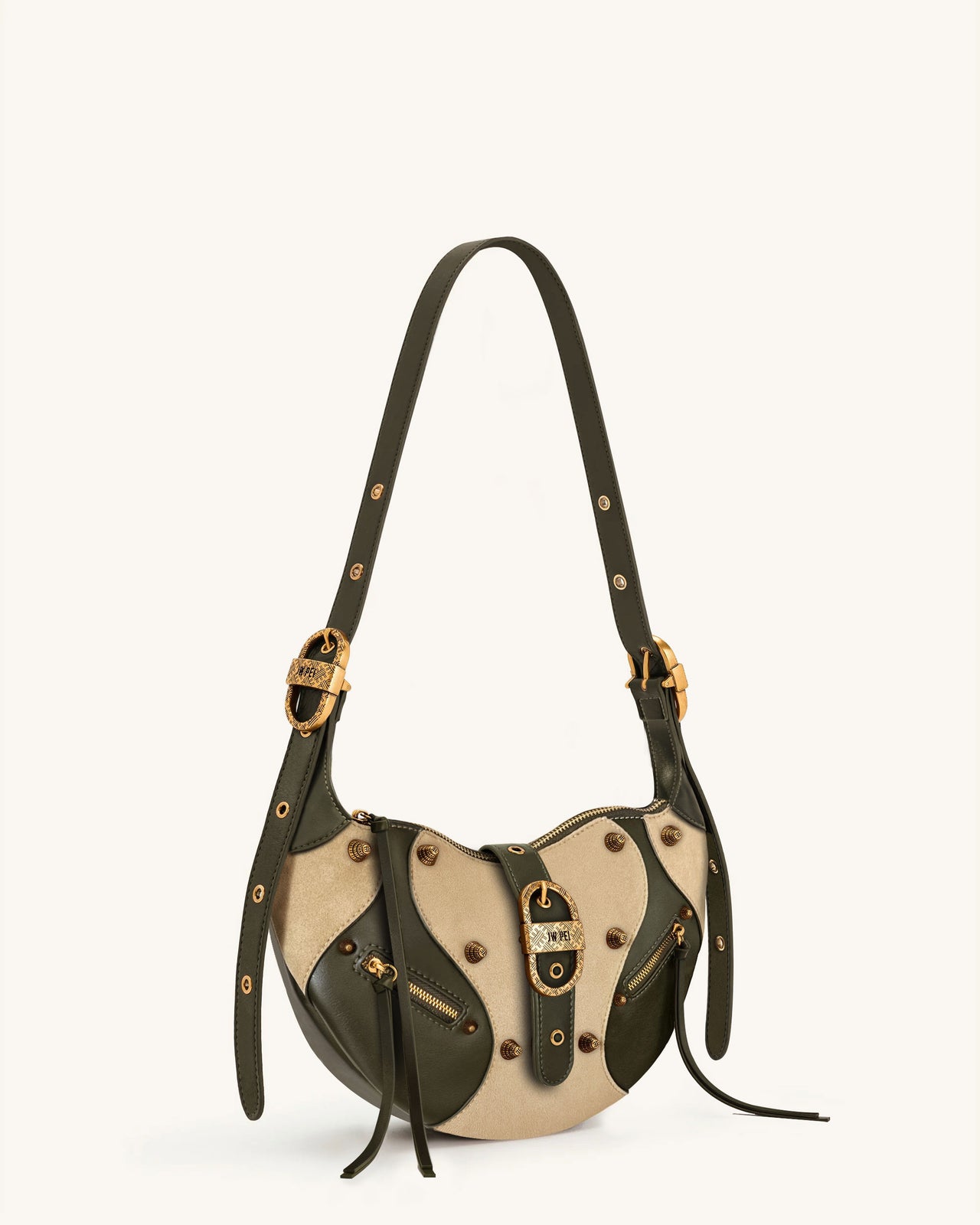 Tessa Faux Suede Studded Shoulder Bag - Khaki Green