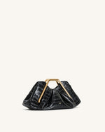 Lila Faux Croc-Effect Metal Frame Clutch - Black