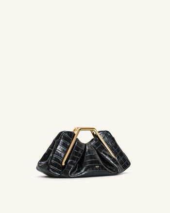 Lila Faux Croc-Effect Metal Frame Clutch - Black