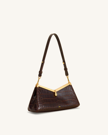 Nerina V-Frame Shoulder Bag - Dark Brown Croc