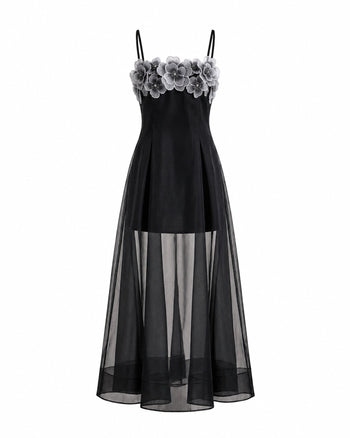 Floral Embroidered Sheer Layered Maxi Dress - Black