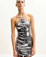 Burgundy Silver Sequinned Halter Mini Dress - Silver