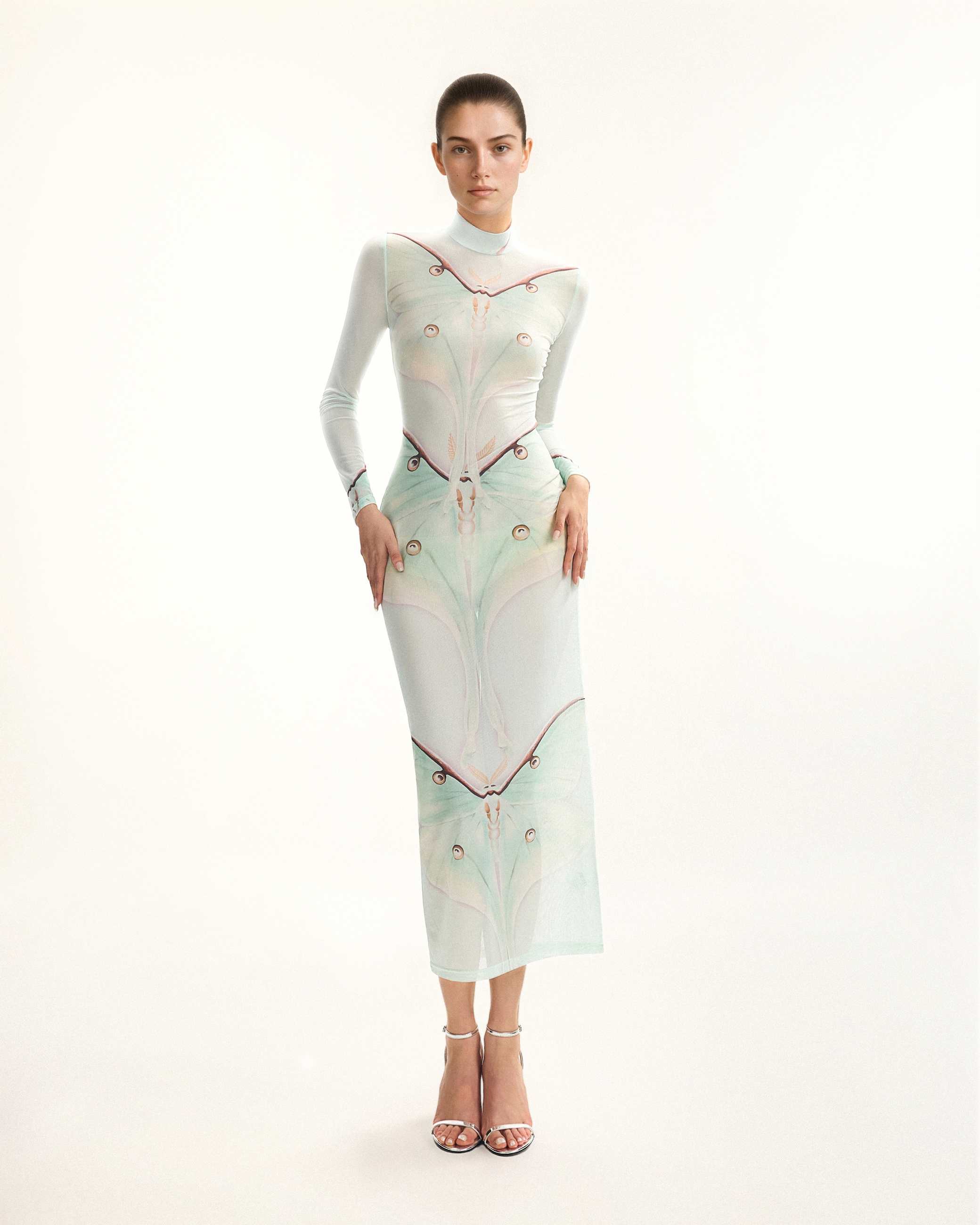 Moth Sheer Mesh Gown - Green/Beige 12 | UK Moth Sheer Mesh Gown - Green/Beige 12 | UK