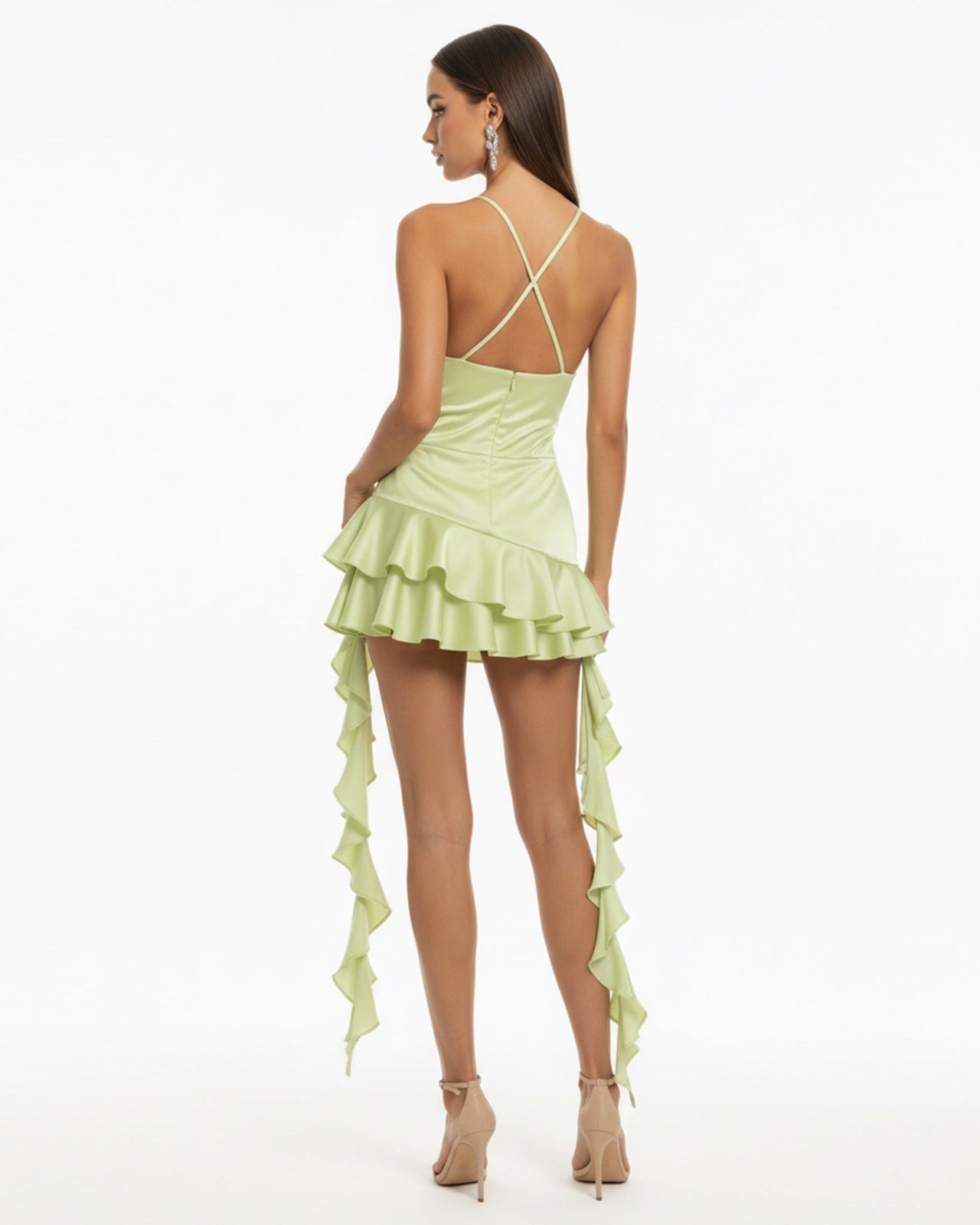 Orchid Embroidered Ruffle Hem Mini Dress - Light Green