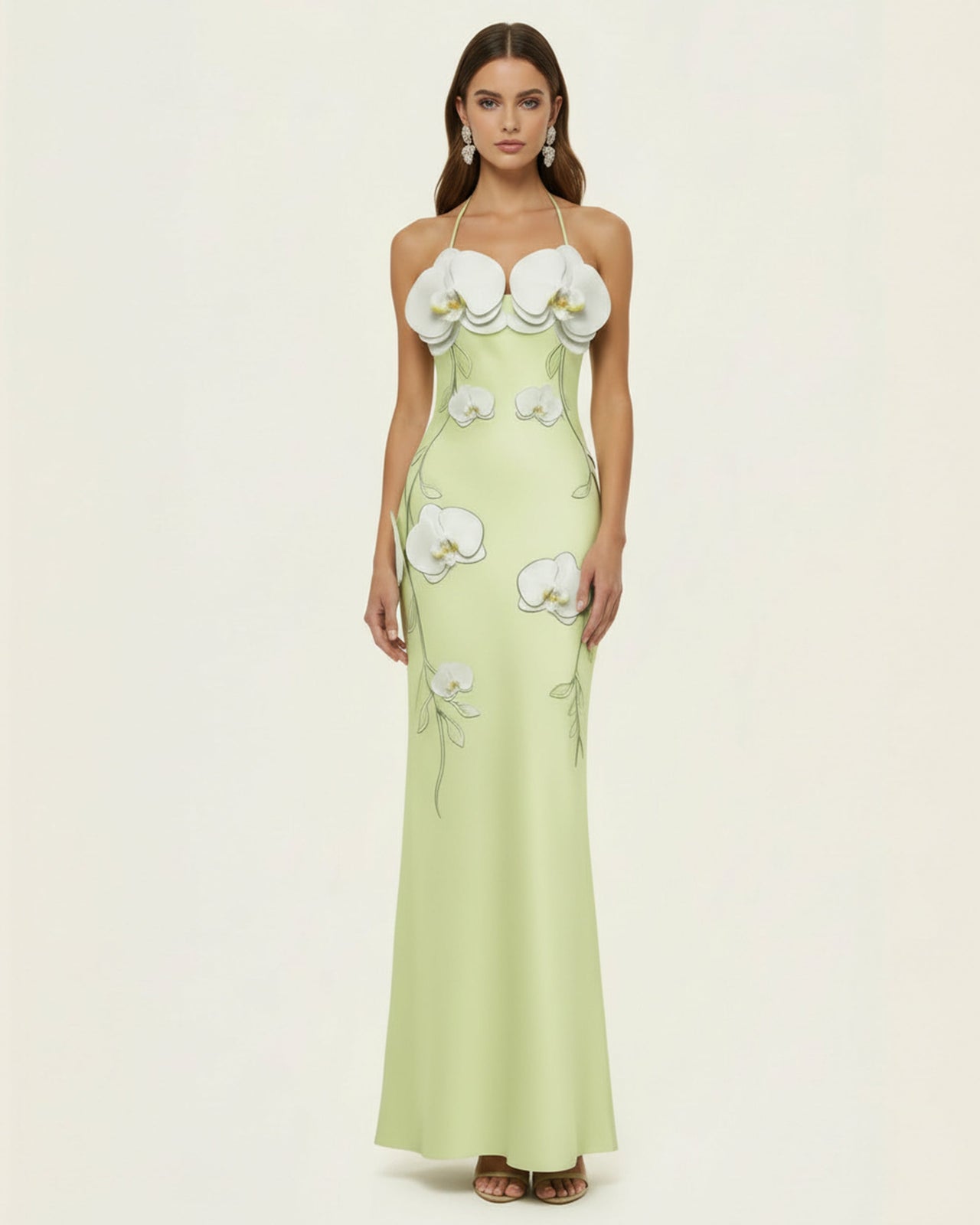Orchid Appliqué Halter Maxi Dress - Light Green