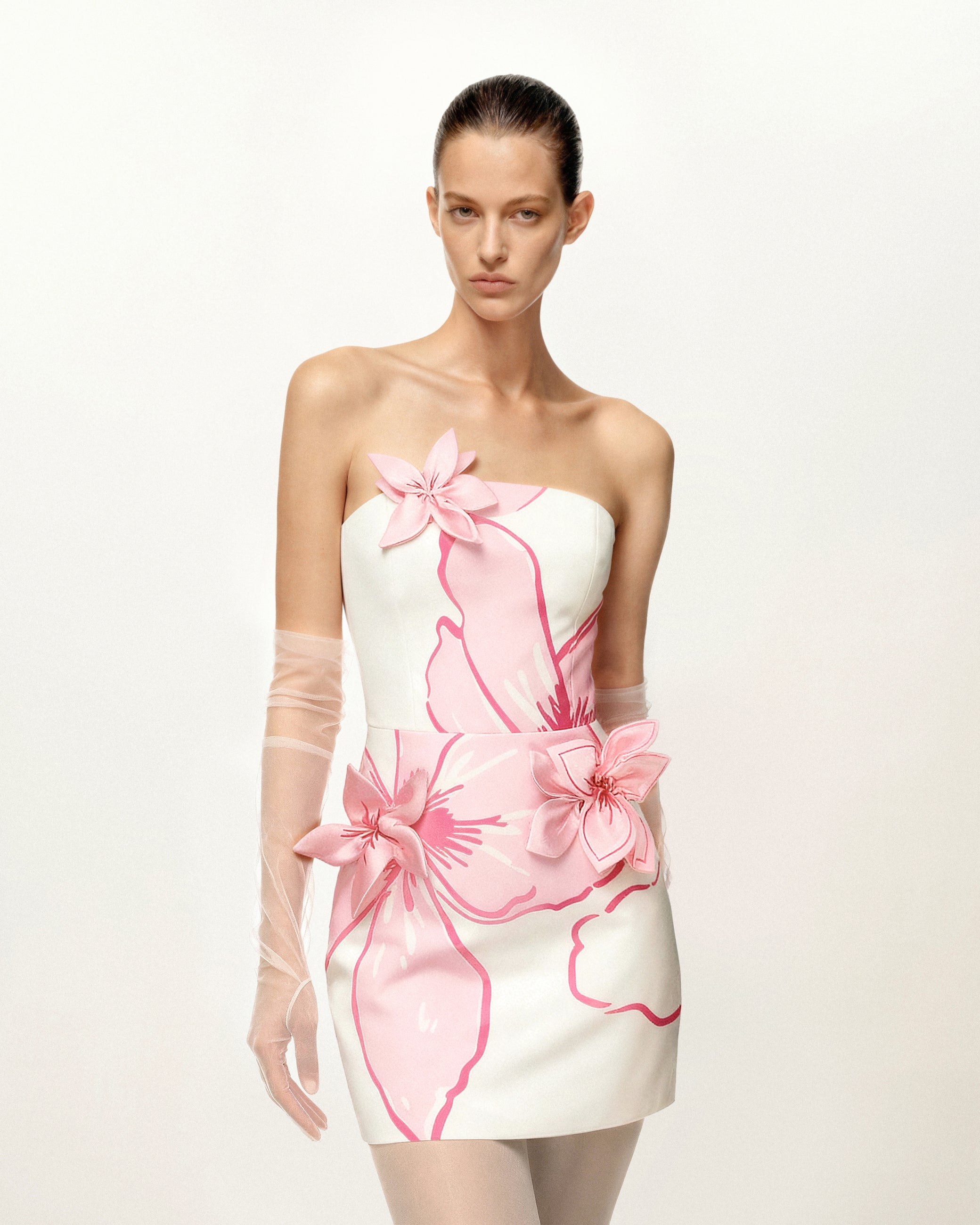 Mini Dress with Pink Floral Appliqus - White/Pink Mini Dress with Pink Floral Appliqus - White/Pink