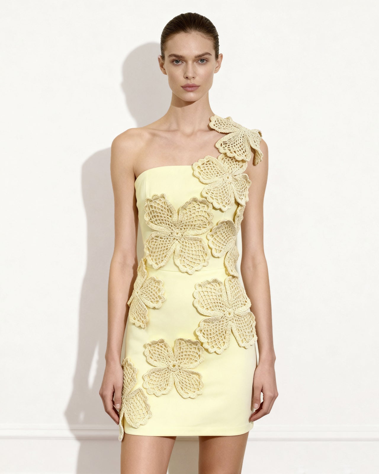 Crochet Floral Appliqué Mini Dress - Yellow