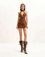 Ruby Halter Neck Zipper Mini Dress - Brown