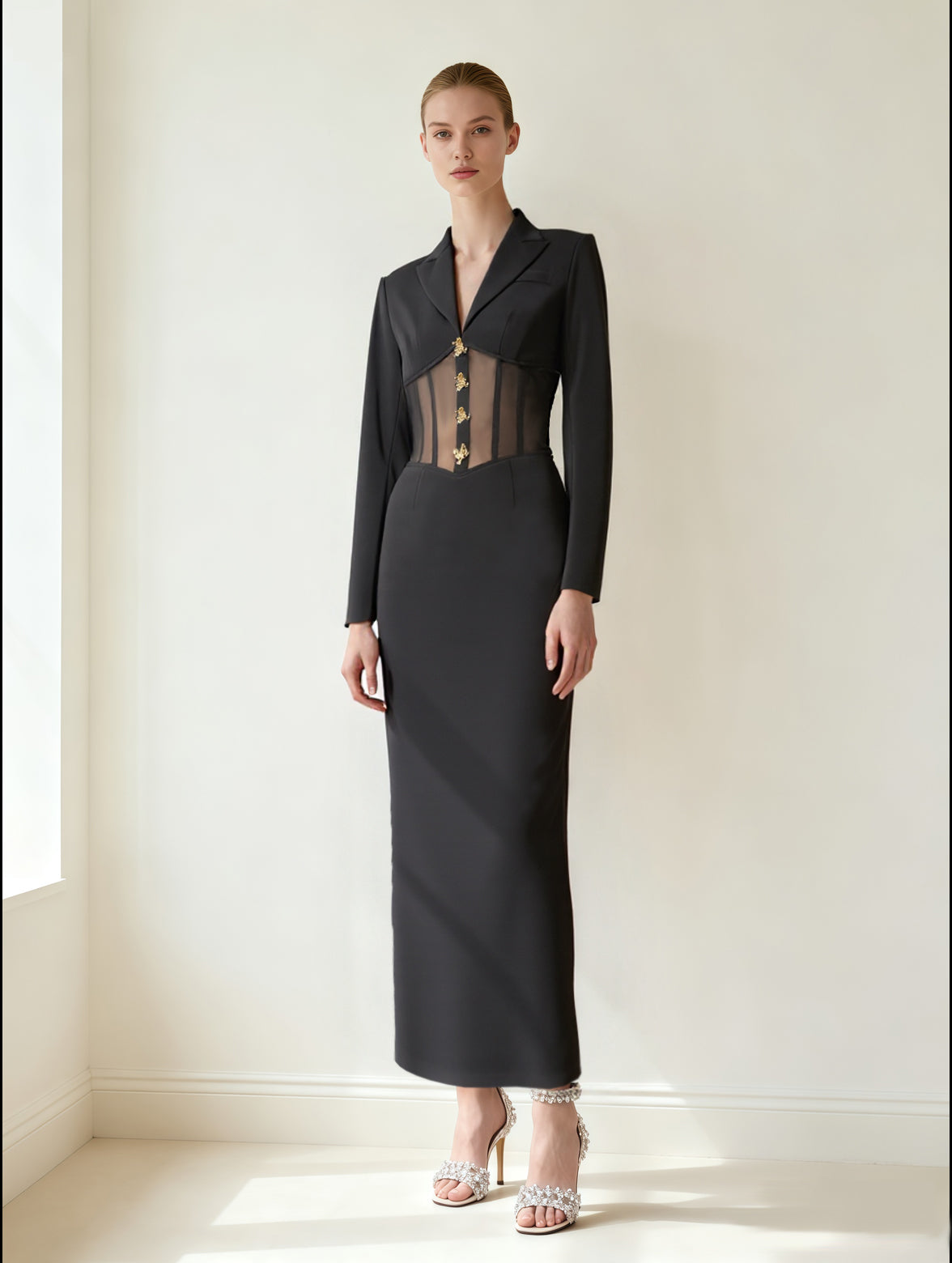 Sheer Boned Corset Waist Blazer Maxi Dress - Black - JW PEI UK Sheer Boned Corset Waist Blazer Maxi Dress - Black - JW PEI UK