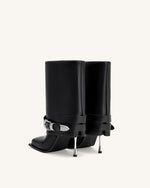 Emilia Western Buckled Leather Stiletto Boots - Black