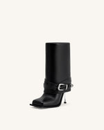Emilia Western Buckled Leather Stiletto Boots - Black
