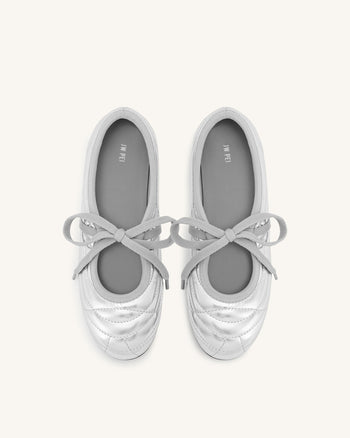 Erika Topstitching lace-up ballet Flats- Silver