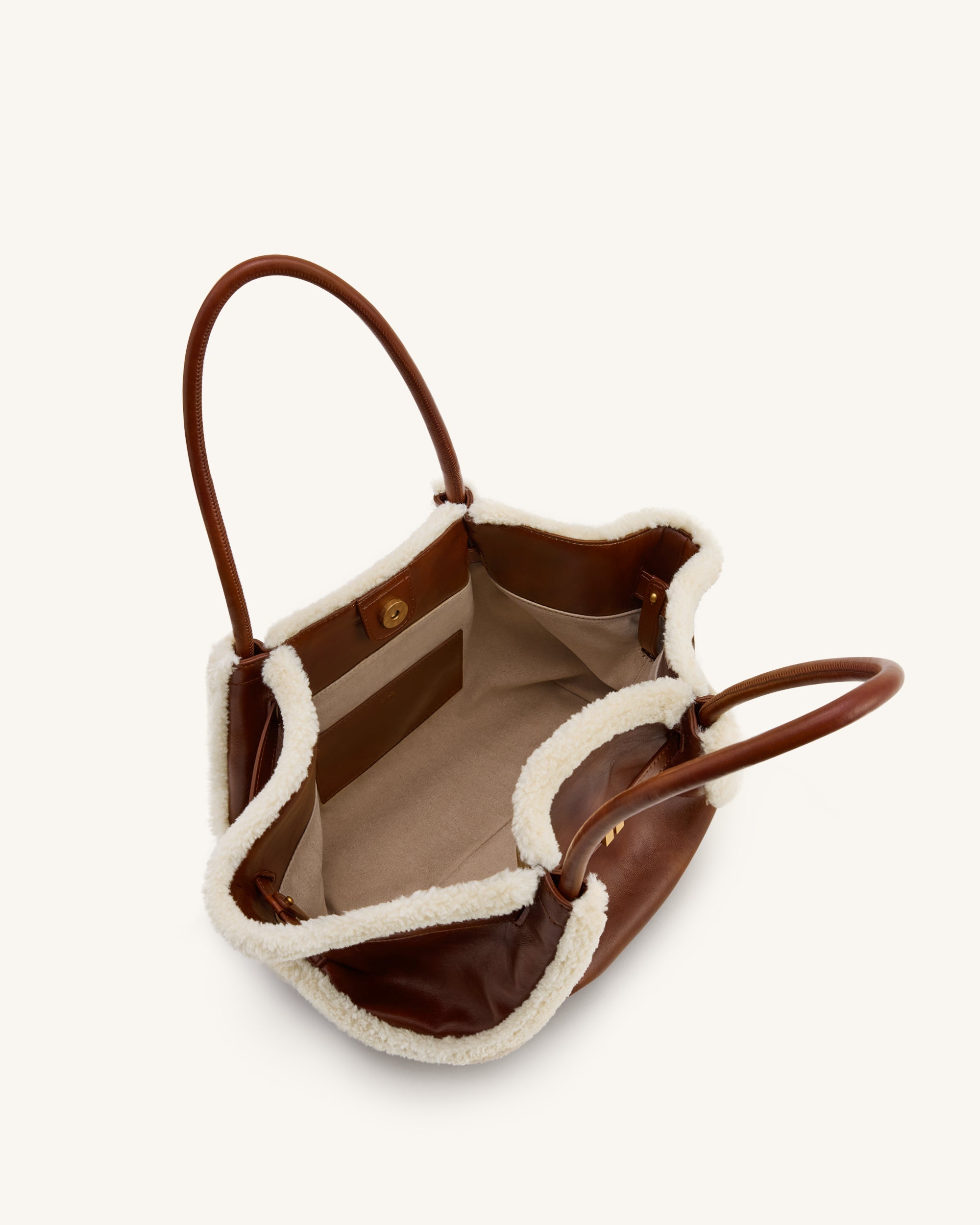 Hana Medium Faux Shearling Trim Tote Bag - Brown - JW PEI UK