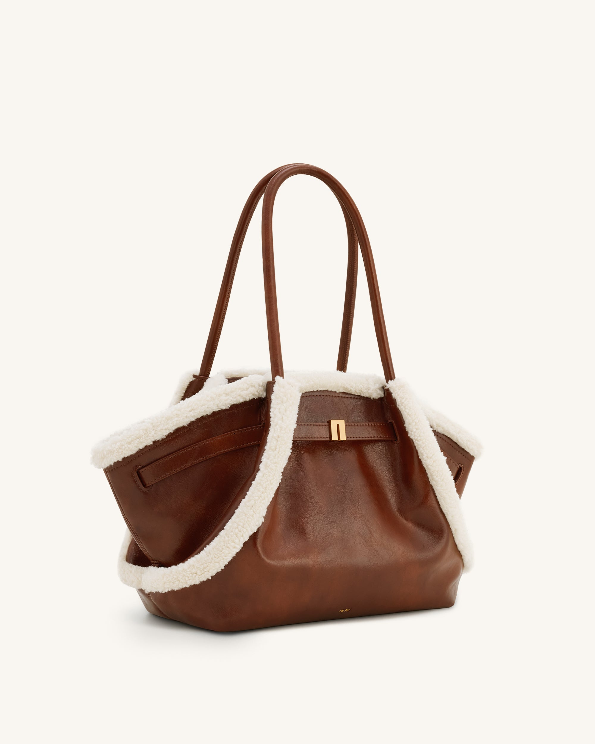 Hana Medium Faux Shearling Trim Tote Bag - Brown - JW PEI UK