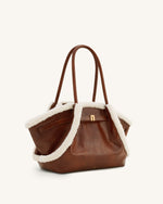 Hana Medium Faux Shearling Trim Tote Bag - Brown