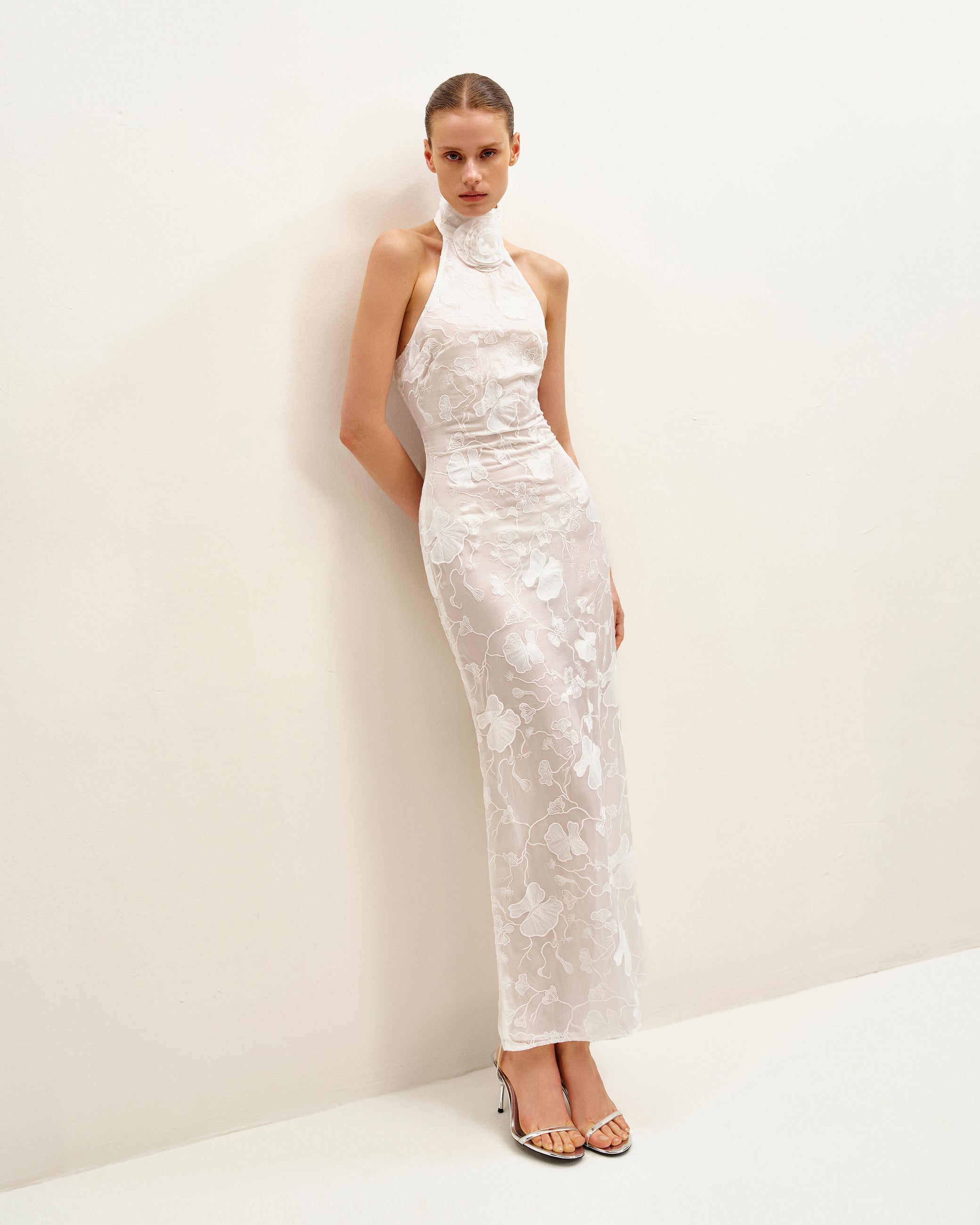 Uliana White Floral Lace Halterneck Maxi Dress - White - JW PEI UK Uliana White Floral Lace Halterneck Maxi Dress - White - JW PEI UK