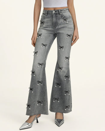 Pearl Accent Bow Boogie Child Fray Jeans - Smoke and Mirrors