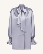 Ribbon Tie Balloon Sleeve Longline Blazer - Silver