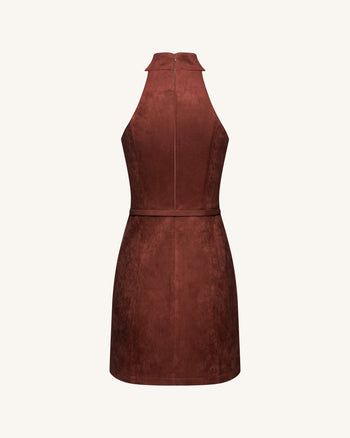 Faux Suede Halter Neck Zip-Front Mini Dress - Burgundy