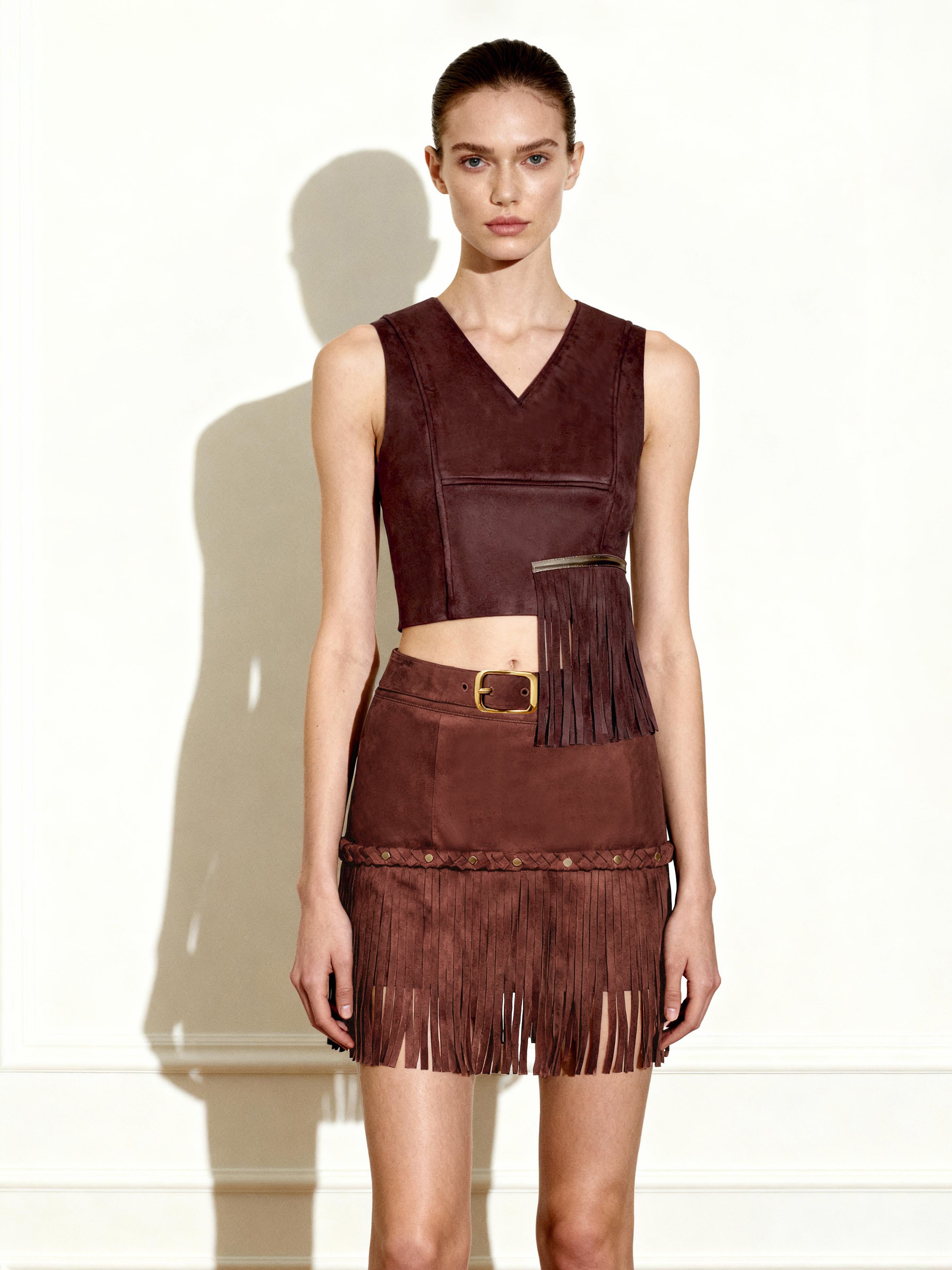 Faux Suede V-Neck Fringe Top - Chocolate Brown – JW PEI UK